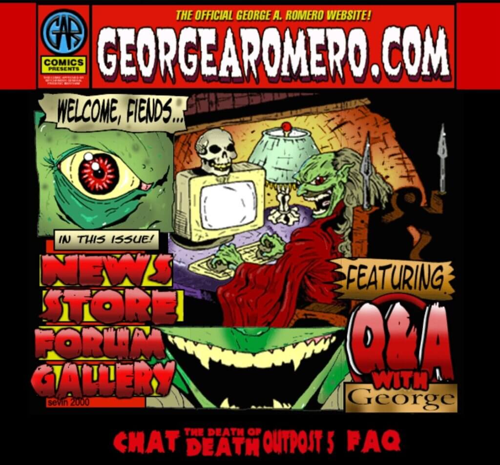 Image from gerogearomero.com. The site menu is built into a retro 1950s comic-style graphic with a Cryptkeeper-like character sitting at his computer.
