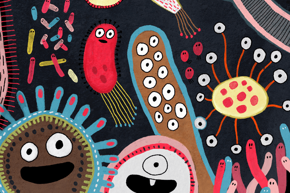 in a detail from the cover of Club Microbe by Elise Gravel, colorful microbes have enthusiastic smiling faces against a black background
