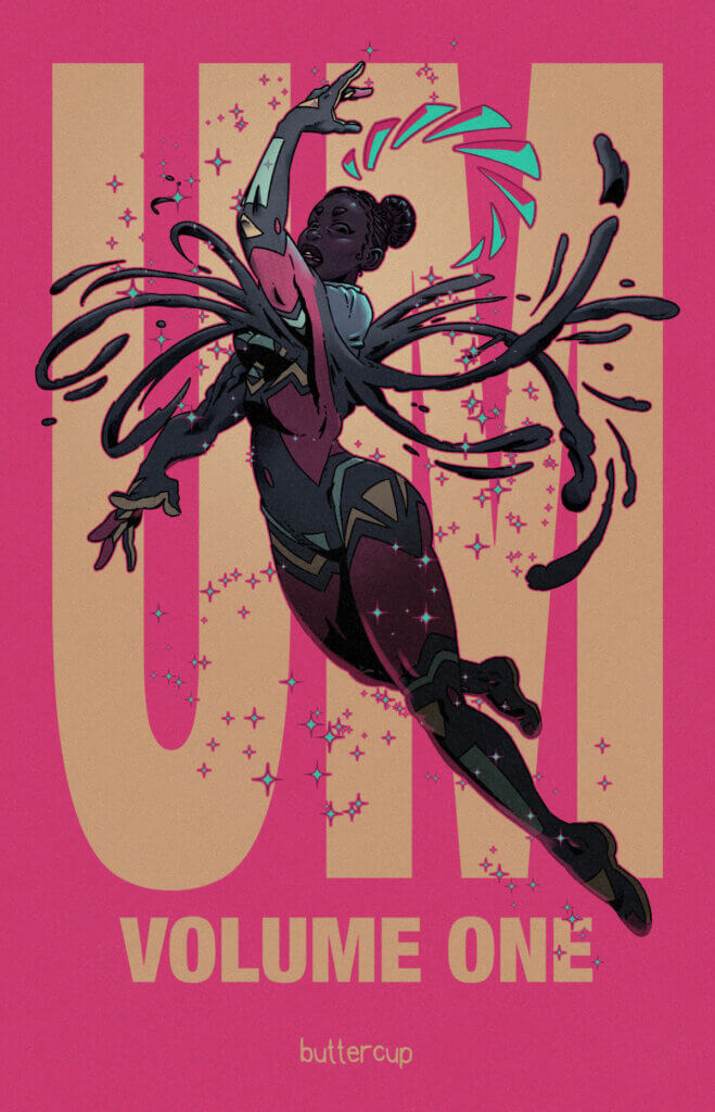 the cover for UM Vol 1 shows a dark skinned Black non-binary person in a magical girl / superhero costume.