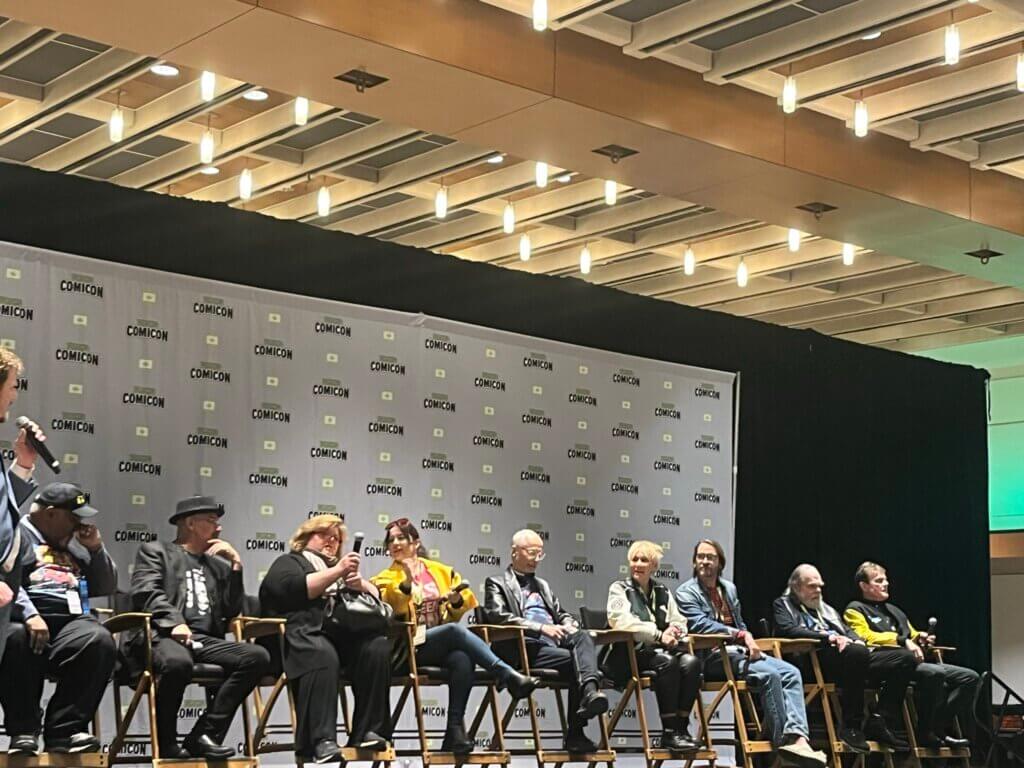 Voices of the X-Men panel at Toronto Comicon 2024 with Larry Houston, Lawrence Bayne (Cable), Catherine Disher (Jean Grey), Alyson Court (Jubilee), Chris Britton (Mr Sinister), Lenore Zann (Rogue), Adrian Hough (Nightcrawler), George Buza (Beast), and Cal Dodd (Wolverine)