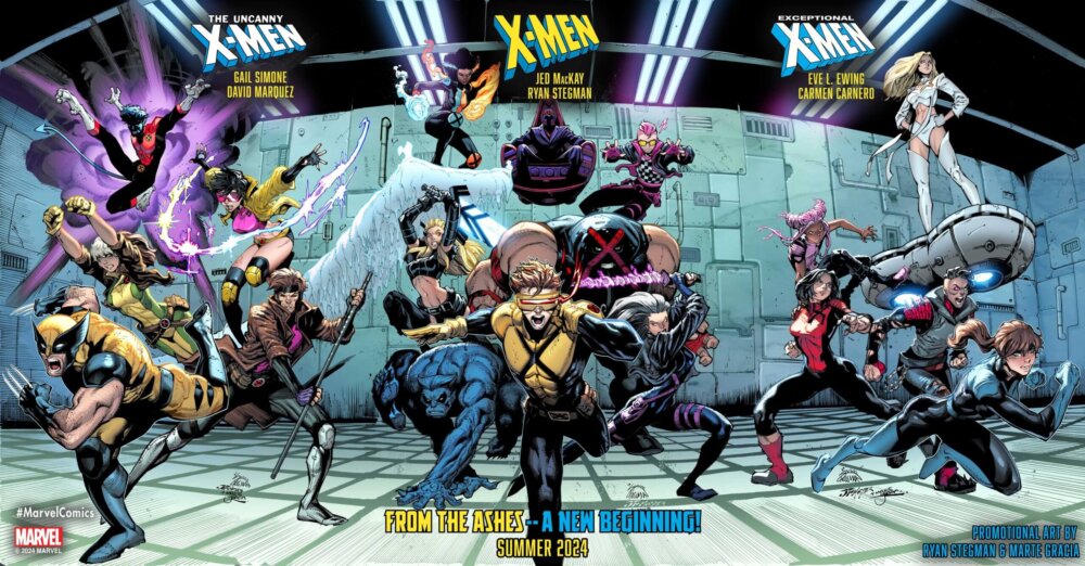 2024 X-Men From the Ashes teaser image, featuring the lineups of three X-Men books: Uncanny X-Men by Gail Simone and David Marquez, X-Men by Jed MacKay and Ryan Stegman, and Exceptional X-Men by Eve Ewing and Carmen Carnero. Art for the Teaser image is by Ryan Stegman and Marte Gracia.