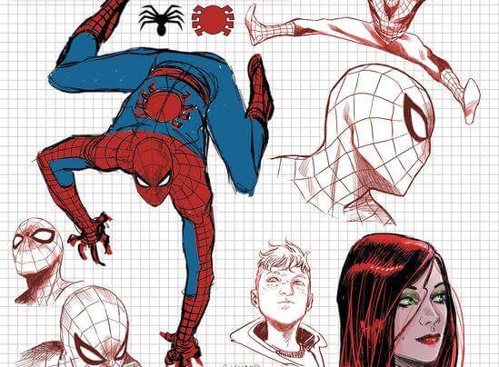 A melange of sketches of Peter Parker and his family.