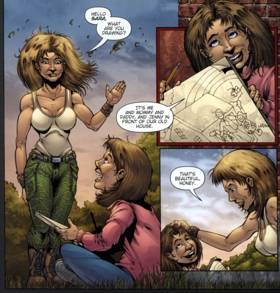 Panels from the comic Night of the Living Dead: Barbara's Zombie Chronicles #1. A little girl, Sara, shows Barbara a drawing.