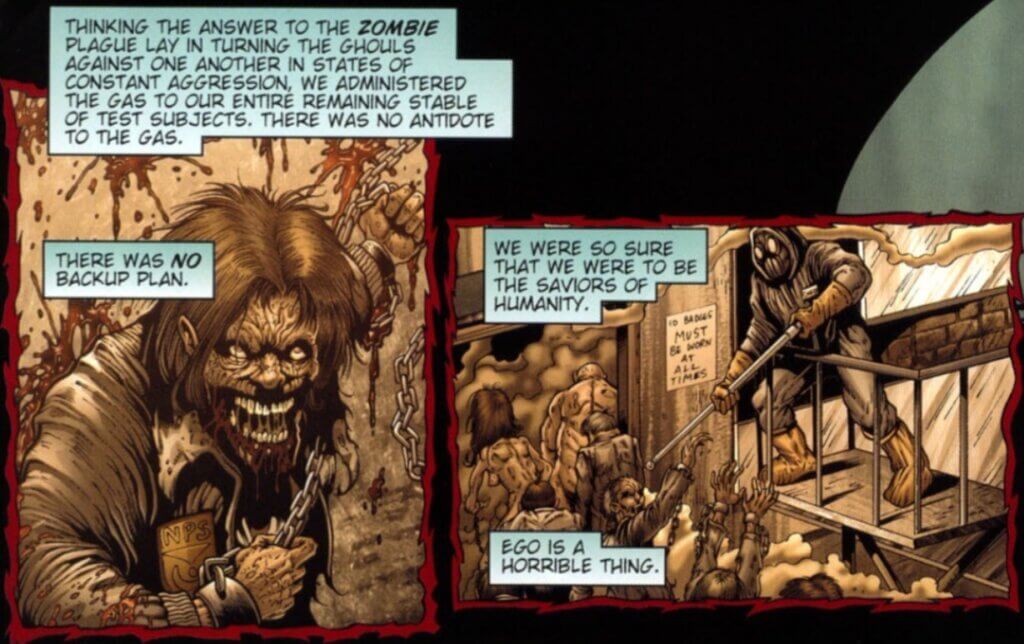 Panels from the comic Night of the Living Dead: Barbara's Zombie Chronicles #1. Cooke narrates a flashback in which zombie test subjects overrun a laboratory.