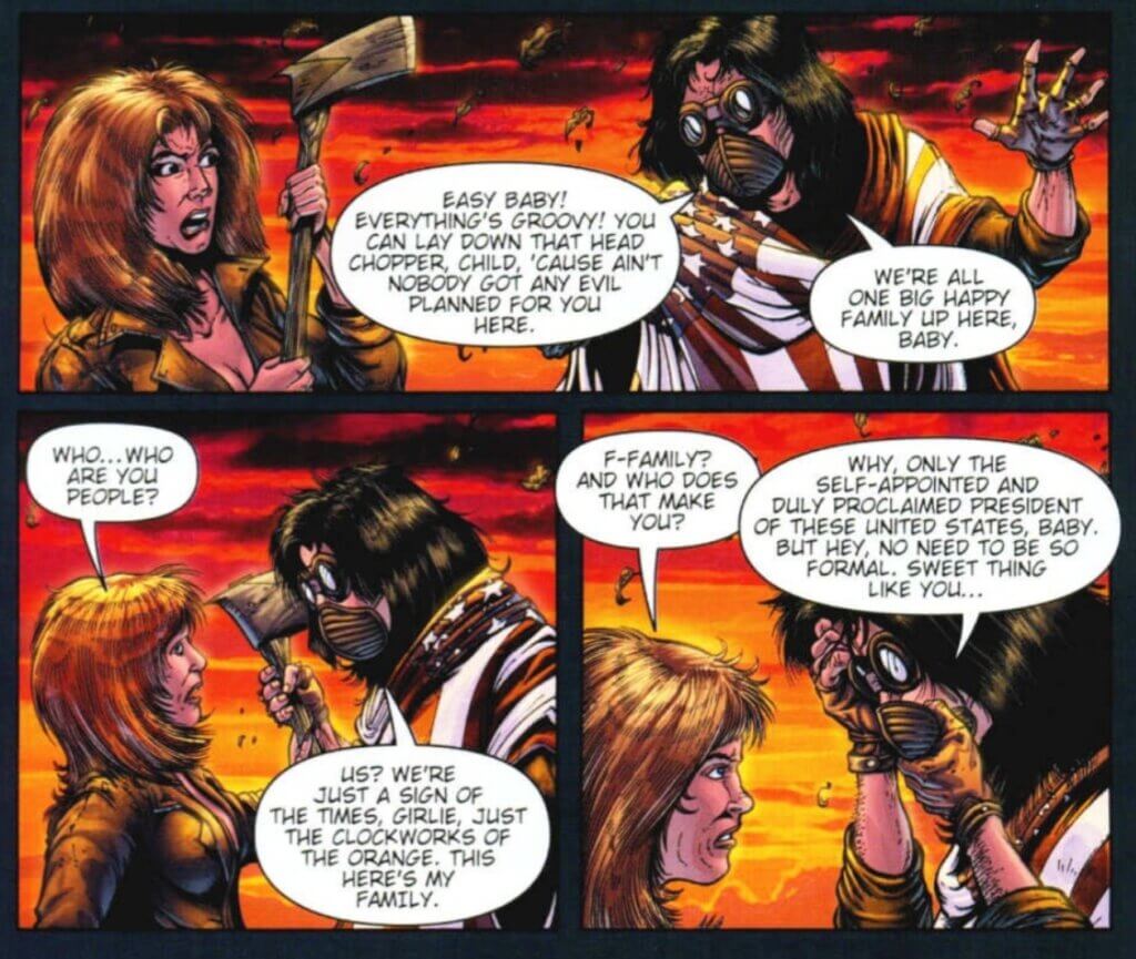Panels from the comic Night of the Living Dead: Barbara's Zombie Chronicles #3. Barbara speaks to Charles Manson, whose identity is hidden behind a mask.