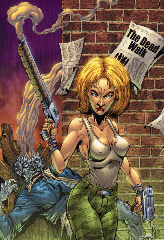 Promotional image for the comic Night of the Living Dead: Barbara's Zombie Chronicles #1. Barbara holds a smoking gun; a zombie behind her has a hole blown in its head.