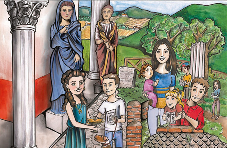 Light skinned people dressed in clothes from the present and the Roman period interact. The left side is more "Roman" and the right more "modern" demonstrating the intersection between the public and archaeological knowledge through comics