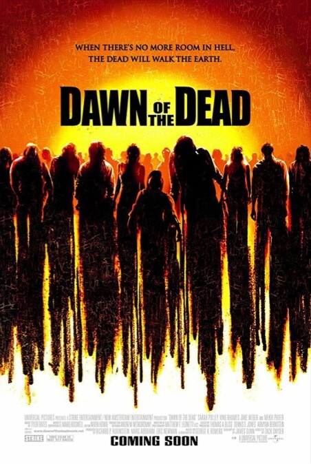 Poster for the 2003 film Dawn of the Dead. Shows illustrated silhouettes of a zombie horde against a sunrise backdrop.