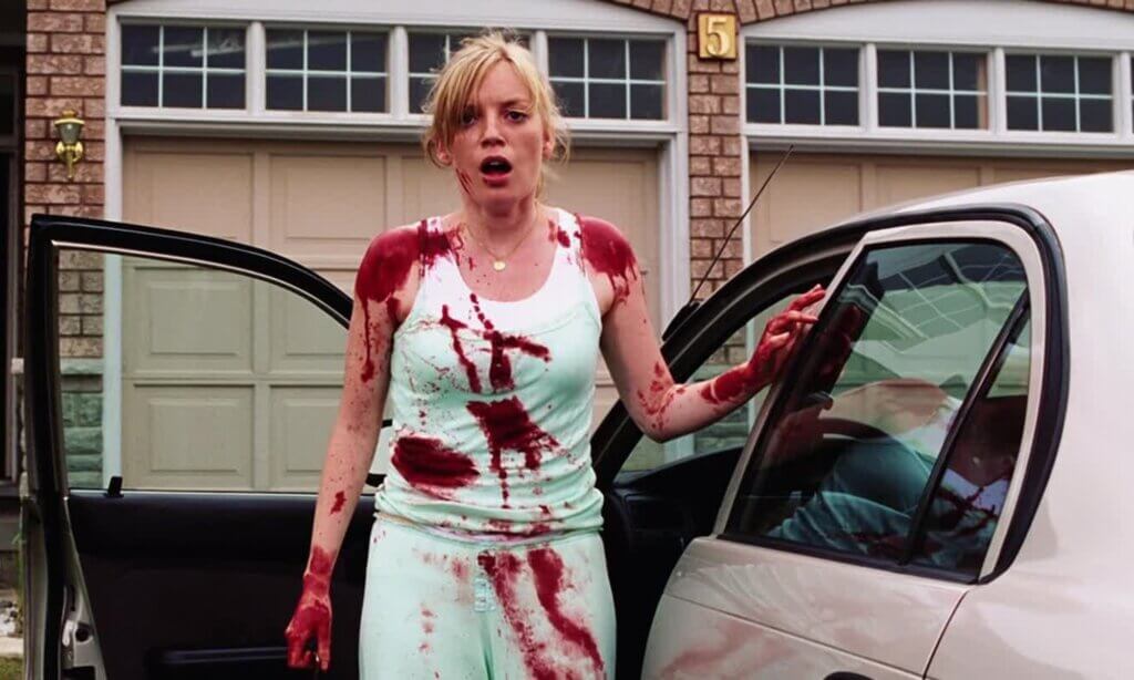 Still from the 2004 film Dawn of the Dead showing Sarah Polley's character Anna, bloodstained in front of a car.