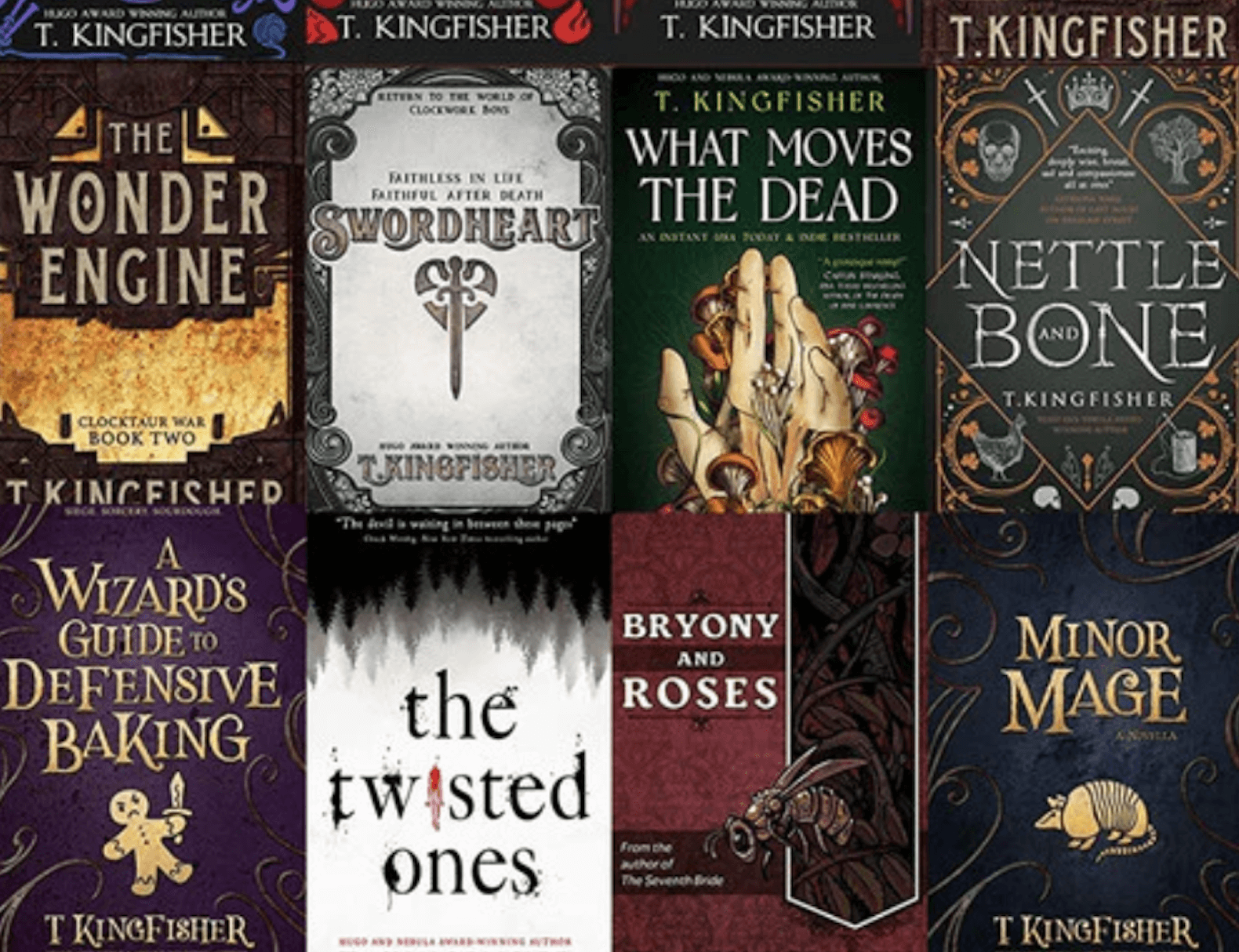 a collage of some of T Kingfisher's book covers from an audiobook bulde site, https://motionaudiobooks.com/products/1387