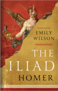 the cover of The Iliad, translated by Emily Wilson is red and gold with part of a winged figure holding a helmet