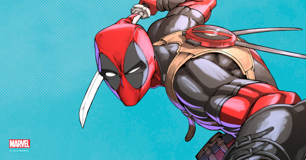 manga deadpool on a teal background
