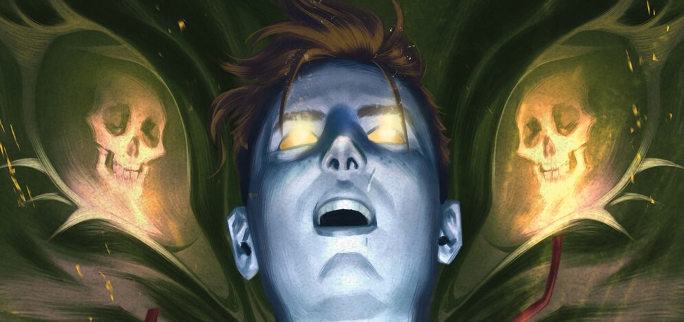 A blue-hued Archie andrews has glowing golden eyes and is flanked by two glowing golden skulls
