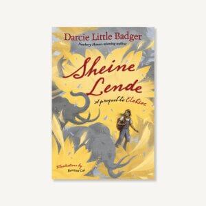 the cover of Sheine Lende by Darcie Little Badger has the main character against a yellow and gray background, looking at swirling shadows of tusked beasts