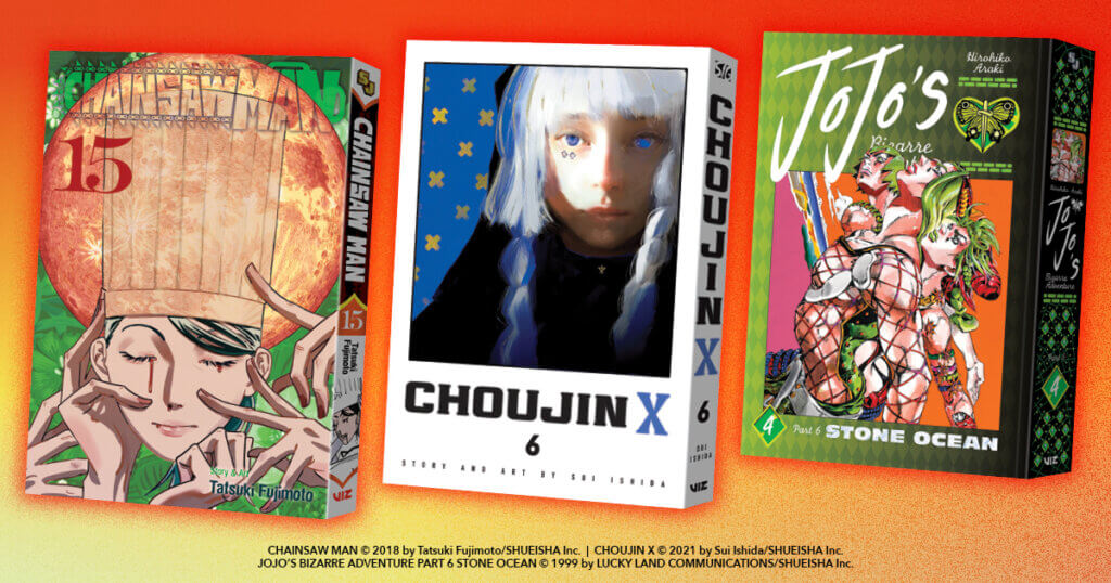 graphic depicting volume 15 of Chainsaw Man, volume 6 of Choujin X, and volume 4 of JoJo’s Bizarre Adventure, Part 6 as the hottest new releases of may 2024