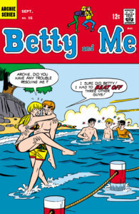 Archie carries Betty out of the ocean. she asks if he had any trouble rescuing her and he admits he had to beat off three other guys to get to her.