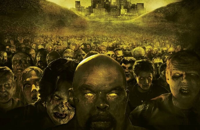 Detail from the poster for the film Land of the Dead. Shows a horde of zombies against a post-apocalyptic landscape.