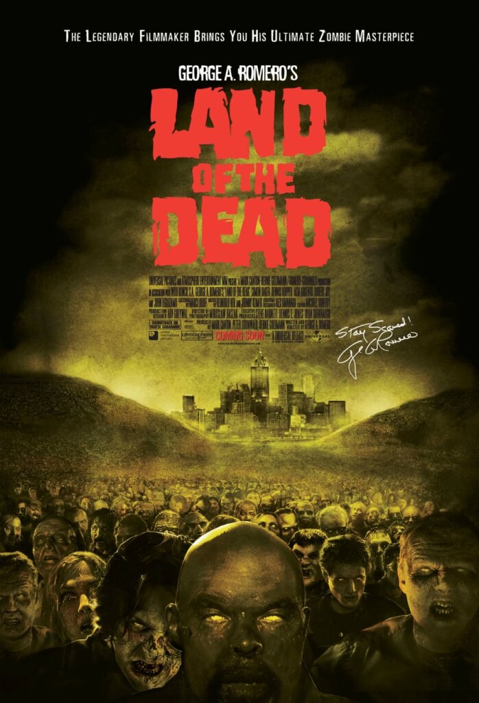 Poster for the film Land of the Dead. Shows a horde of zombies against a post-apocalyptic landscape.