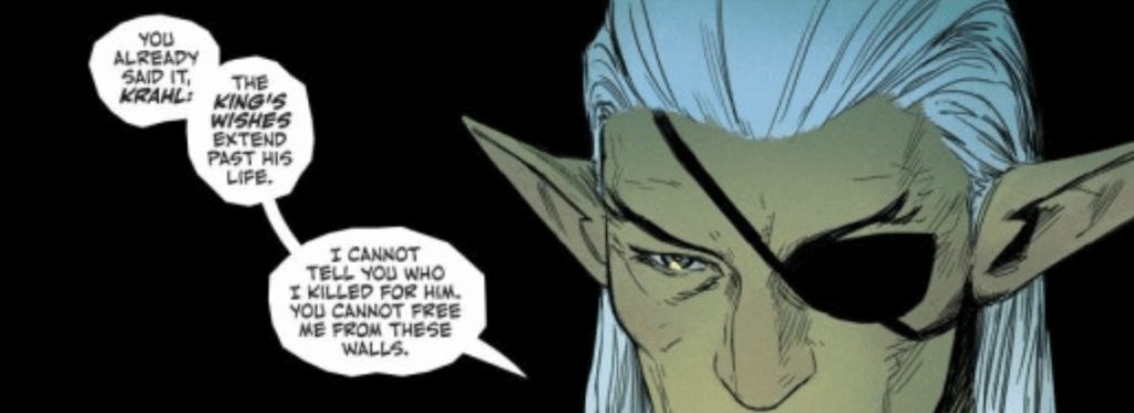 In this panel from The Whisper Queen: A Blacksand Tale #1, Javro speaks to Krahl about her past.