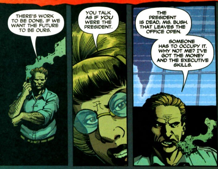 Panels from Toe Tags issue 2. Villainous CEO Rice speaks with his underling Ms. Bush. Rice: "There's work to be done, if we want the future to be ours." Bush: "You talk as if you were the president." Rice: "The president is dead, Ms. Bush. That leaves the office open. Someone has to occupy it. Why not me? I've got the money and the executive bills."