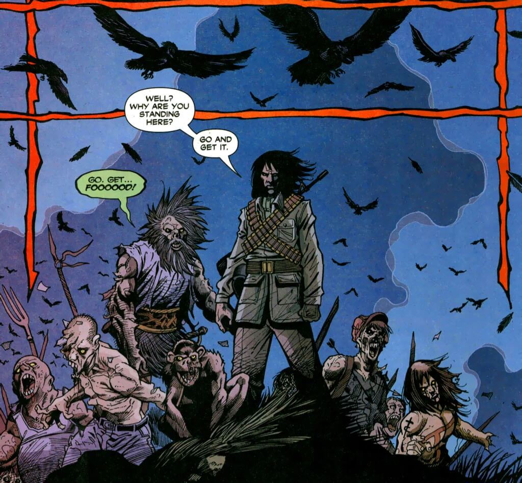 Panels from Toe Tags issue 3 . The sapient zombies Attila and Rasputin lead a band of zombies (one of which is a monkey)