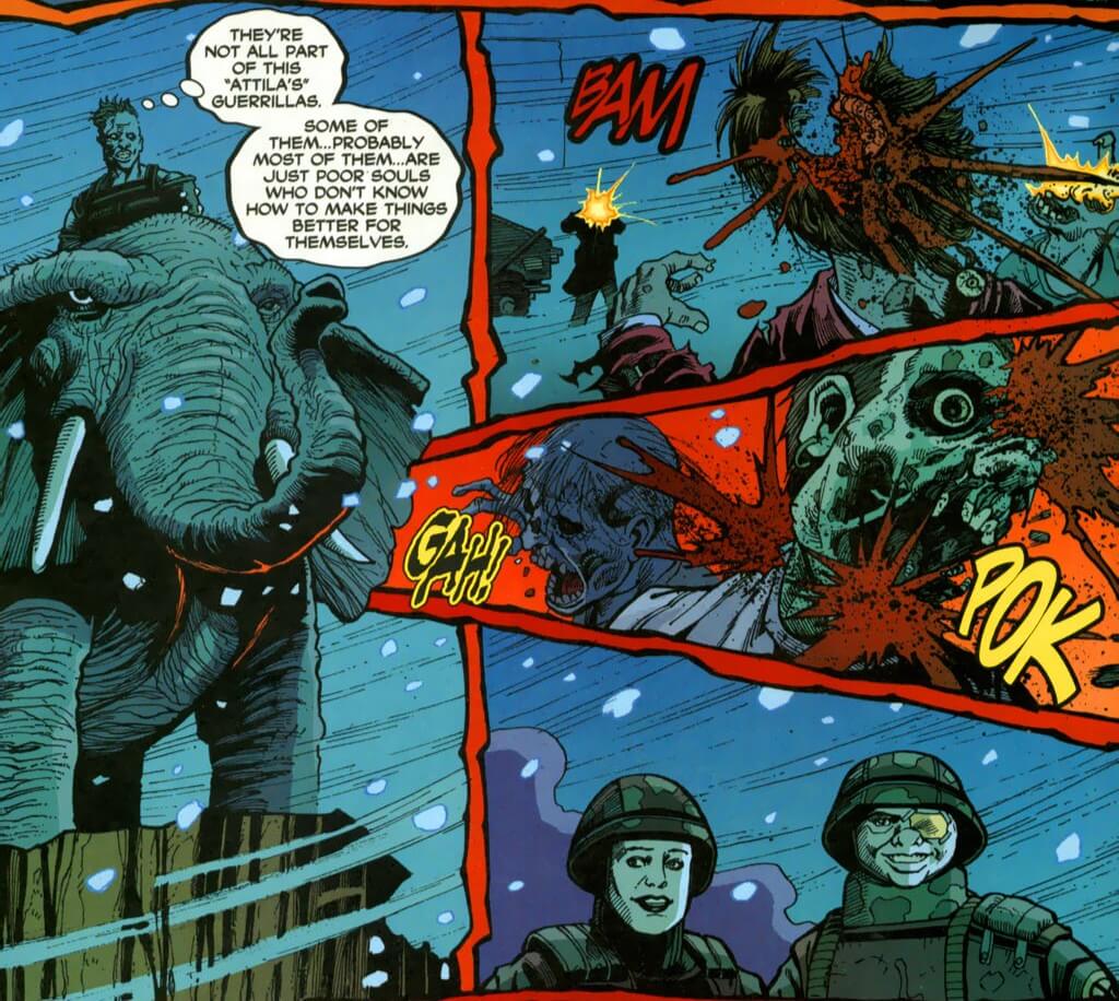 Panels from Toe Tags issue 4. Hero Damien sits atop his elephant while zombies are blown away by soldiers below. "They're not all part of this 'Attila's' guerrillas... some of them, probably most of them, are just poor souls who don't know how to make things better for themselves."