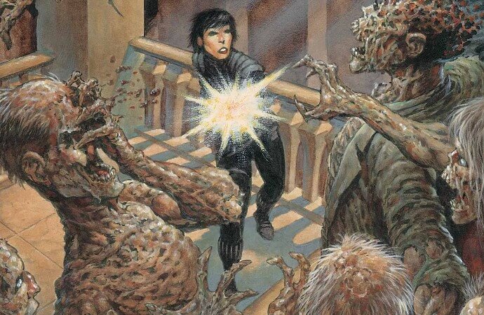 Detail from cover to Toe Tags issue 1 (December 2004), DC Comics. Heroine Judy guns down zombies.