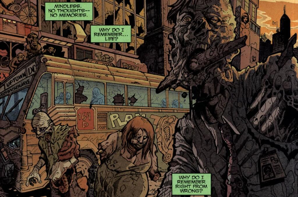 Panels from Toe Tags issue 1. Zombies in various states of mutilation and decay shamble through a post-apocalyptic city.