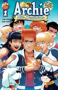 Archie Andrews and his friends crowd around, staring at a golden glowing coin balanced on the back of Archie's hand.