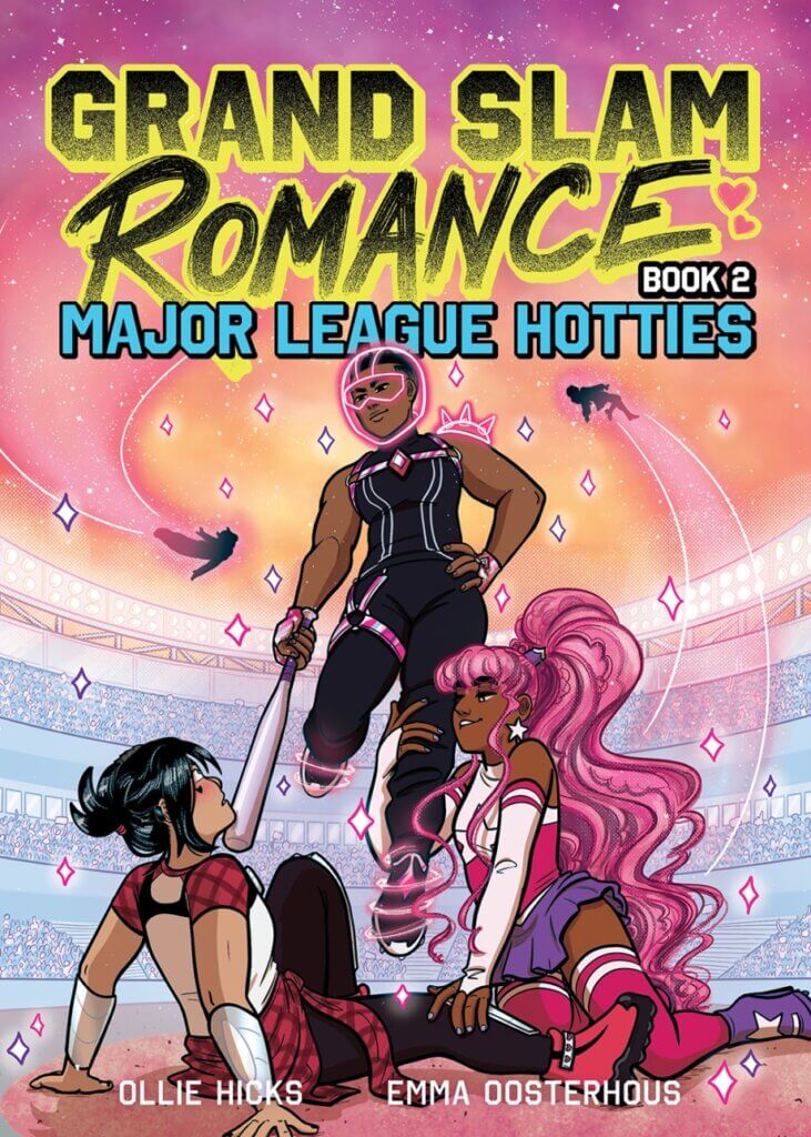 Cover of Grand Slam Romance Book 2: Major League Hotties depicting Mickey, Astra, and Wolfgang on the softball field with magical girls flying around in the distance.