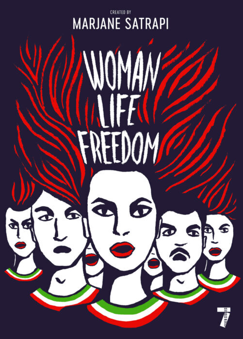 The cover of Woman Life Freedom, showing several faces with intense expressions, above whose heads red lines and the text hover.