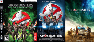 Box art for the 2009 Ghostbusters videogame and the 2016 and 2021 films