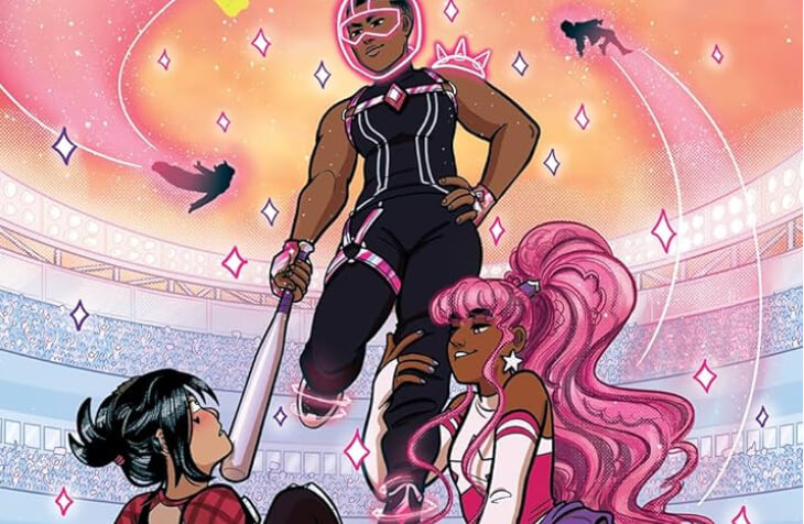Crop of the cover of Grand Slam Romance 2 depicting Mickey Monsoon on the ground, Wolfgang hovering in her magical girl uniform, and Astra Maxima with her arm wrapped around Wolfgang.