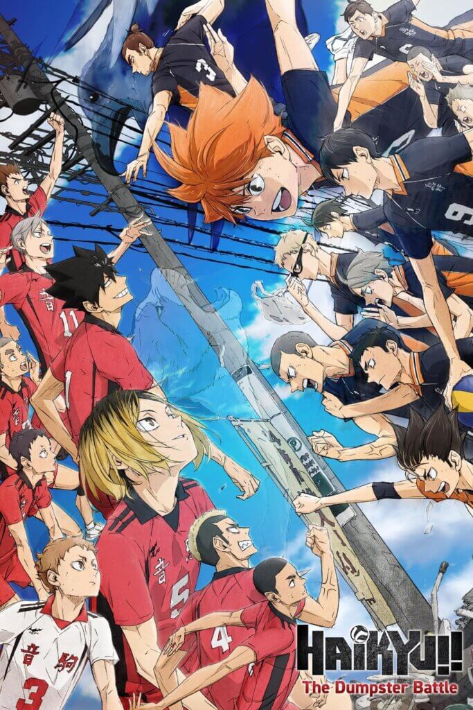 Poster for Haikyuu!! The Dumpster Battle depicting Nekoma on the left and Karasuno on the right, with a telephone pole between them.