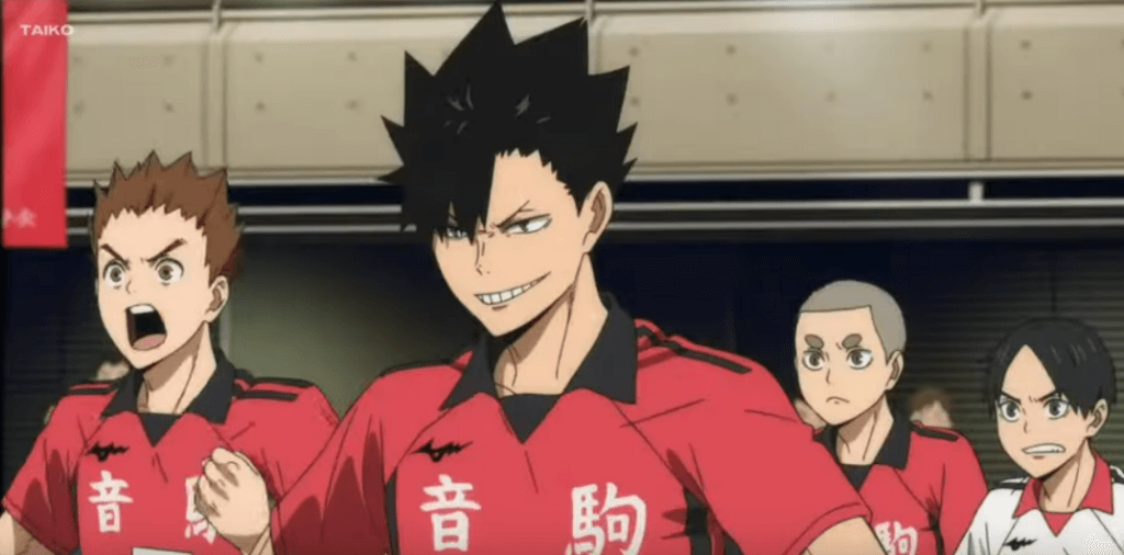 Screenshot of Kuroo, Inuoka, Tashiro and Shibayama on the bench from the film trailer
