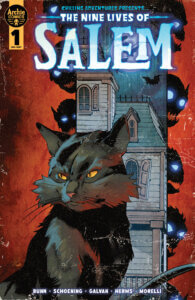 Salem the black cat sits before a large white house. It is nighttime. Several black-shadowed creatures with glowing blue eyes peer around the house against a blood red backdrop, looking sinister.