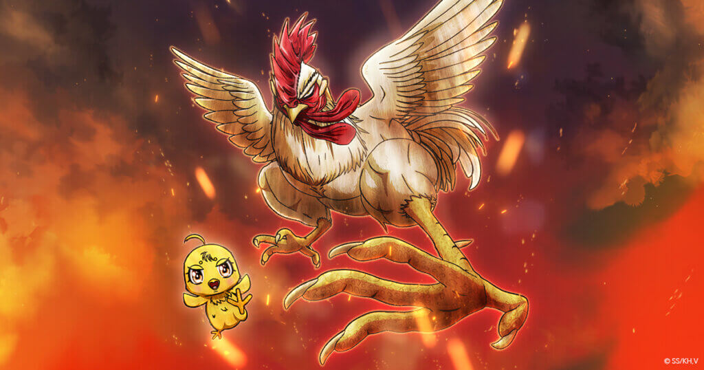promotional graphic of the rooster fighter and his chick sidekick fighting in flames