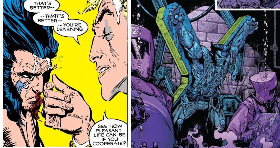 A panel from Uncanny X-Men #251 and the 2024 X-Men #1 side by side, depicting Wolverine strapped to an X-shaped cross in two different contexts.