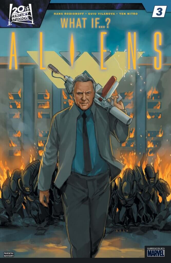  Carter Burke with a gun walking confidently through flames