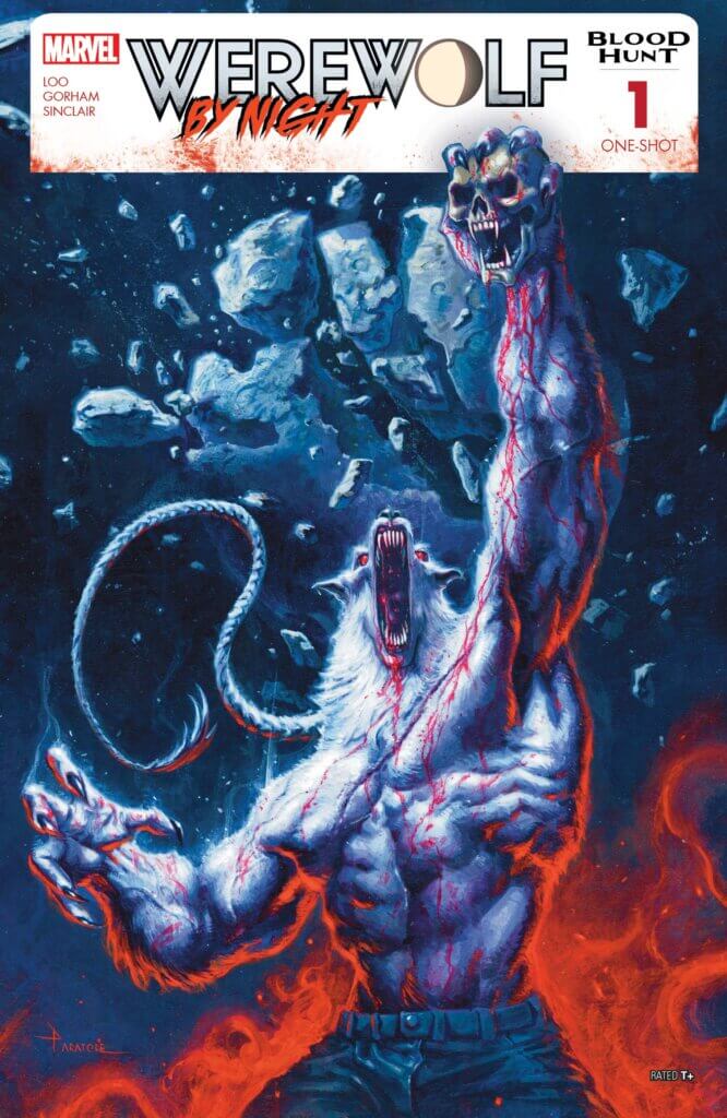 An incredibly muscular werewolf roars while holding a skull. Cover of Werewolf By Night: Blood Hunt #1 by Davide Paratore