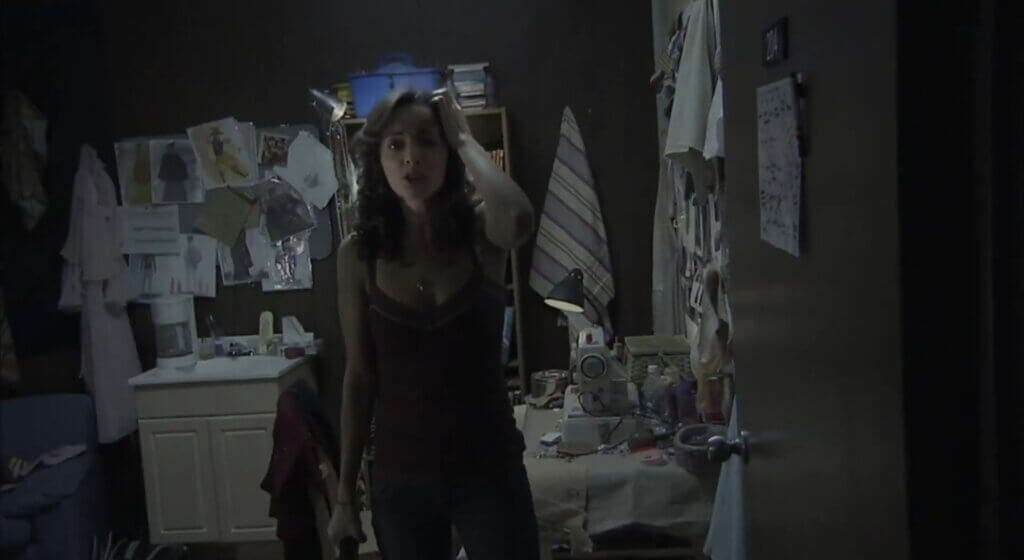 Still from the film Diary of the Dead showing a young woman in a dressing room