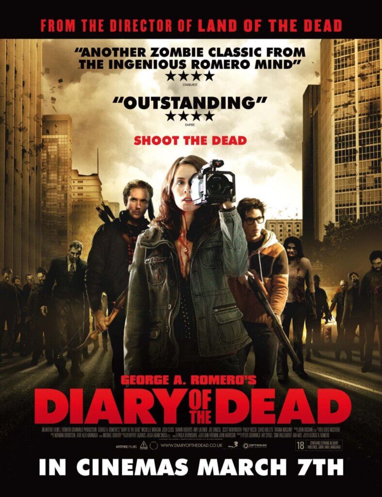 Poster for the film Diary of the Dead showing a film crew surrounded by zombies.