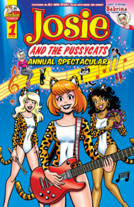 Josie, Melody and Valerie pose in their white and leopard skin outfits in front of a blue background. A magical music staff hovers over them, with glittery notes. Sabrina Spellman perhaps atop it, while Alexandra Cabot clings to the opposite end