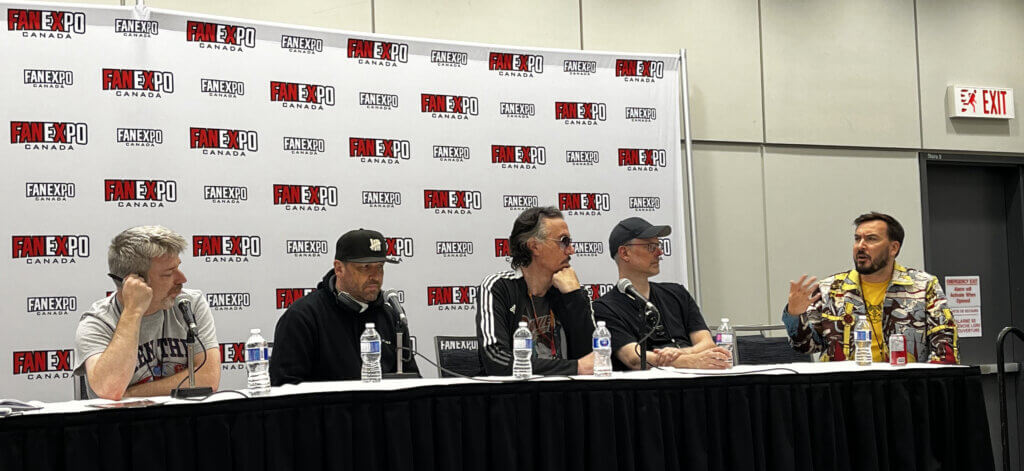 Jim Zub, Stephen Platt, Marc Silvestri, Steve McNiven, and Jackson Lanzing at the Wolverine at 50 panel at Fan Expo Canada 2024