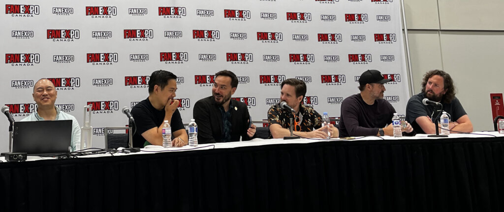 Jed Mackay, Ryan Stegman, Collin Kelly, Jackson Lanzing, Marcus To, and Jason Loo at the X-Men Universe panel at Fan Expo Canada 2024