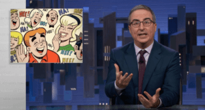 John Oliver - a grey haired British man wearing a suit - Sits on a blue and black decorated set. He exclaims with his hands in a supplicating pose. Beside him is an inset drawing of many main members of the Archie cast having a laugh
