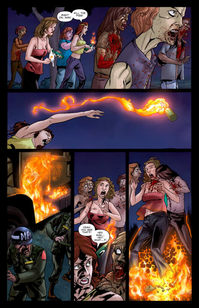 Page from Night of the Living Dead #4.A group of 1960s protesters mingle with zombies. One throughs a petrol bomb towards some national guardsmen. Other protesters get attacked by zombies.