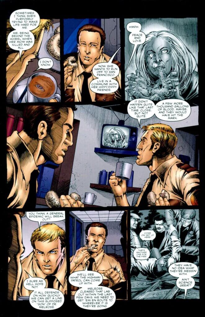 Page from Escape of the Living Dead #3. Two cops discuss the zombie outbreak while footage from Night of the Living Dead plays on the precinct TV.