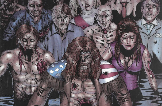 Detail from the cover of the Escape of the Living Dead Annual, showing Deadhead leading a zombie horde.