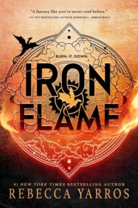 Cover of Rebecca Yarros's novel Iron Flame, showing the title alongside a stylised motif with dragons in the sky.